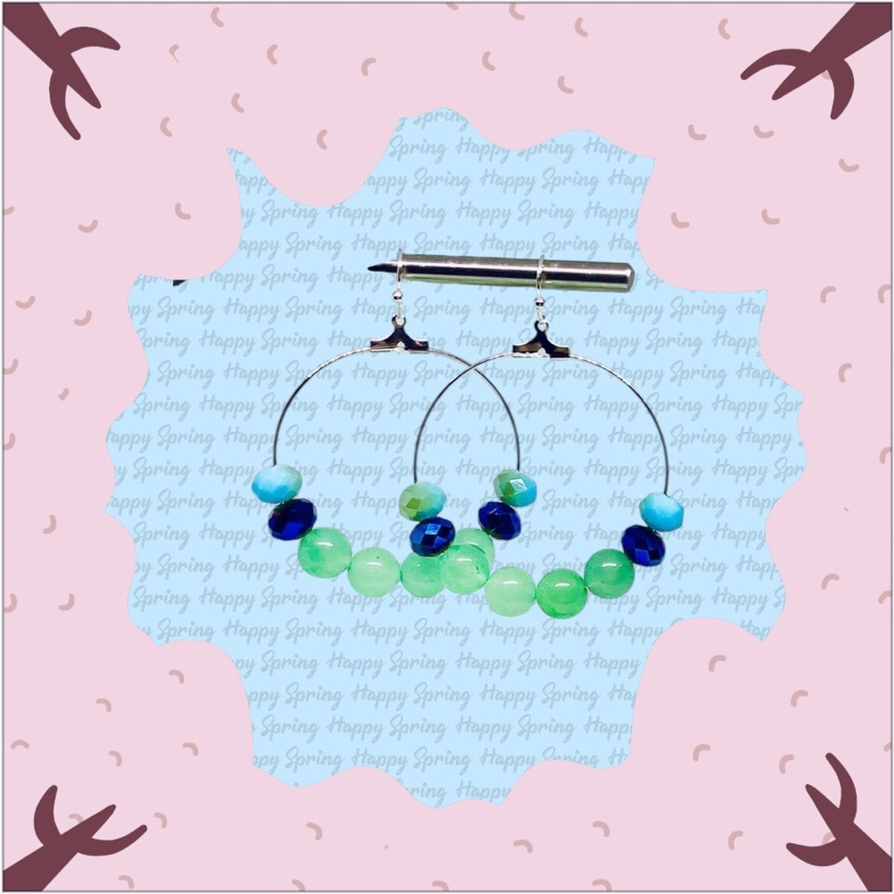 BOUTIQUE Green Jade and Blue Beaded Hoop Earrings, Classy, Fun Dangles